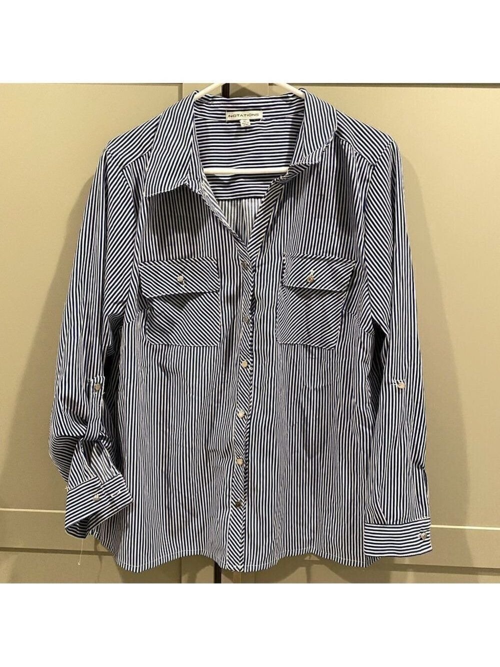 Blue and white striped notations shirt. Size xl. Button down.